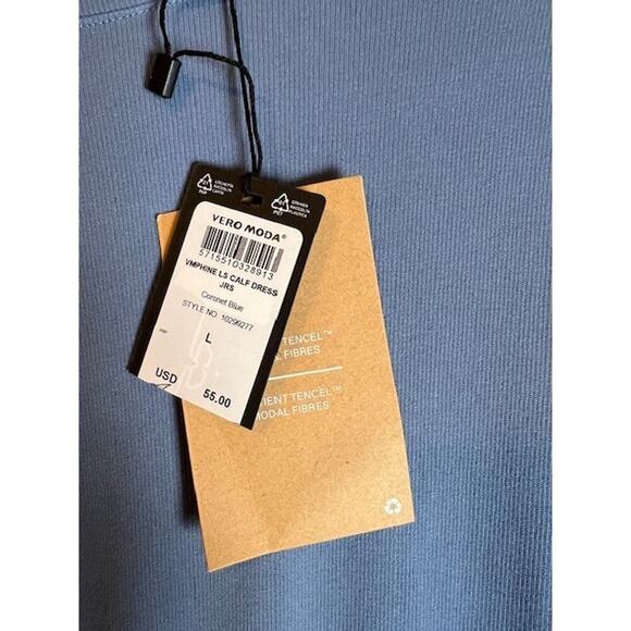 Vero Moda Phine Long Sleeve Rib Jersey Dress Coronet Blue Comfort Casual Travel - Picture 9 of 10